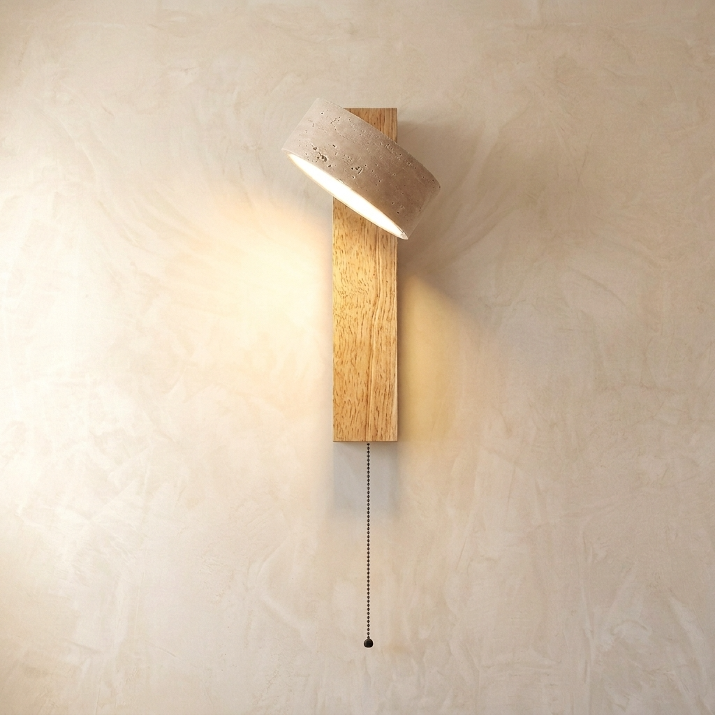 Adjustable travertine-effect wall light with angled shade and wood-effect backplate