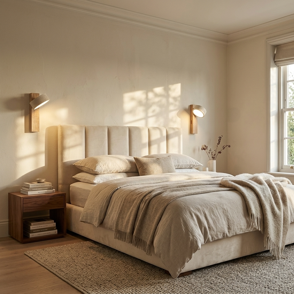 Adjustable travertine-effect wall light with angled shade and wood-effect backplate