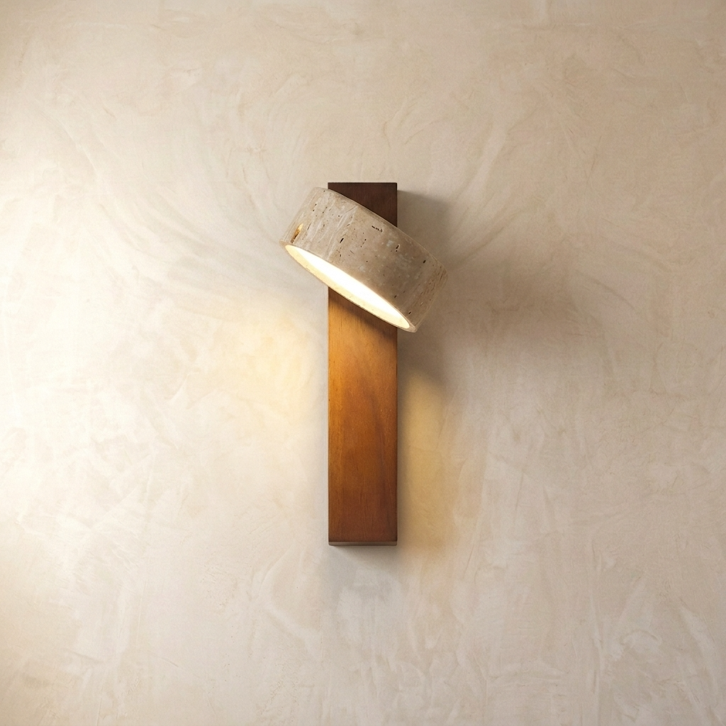 Adjustable travertine-effect wall light with angled shade and wood-effect backplate