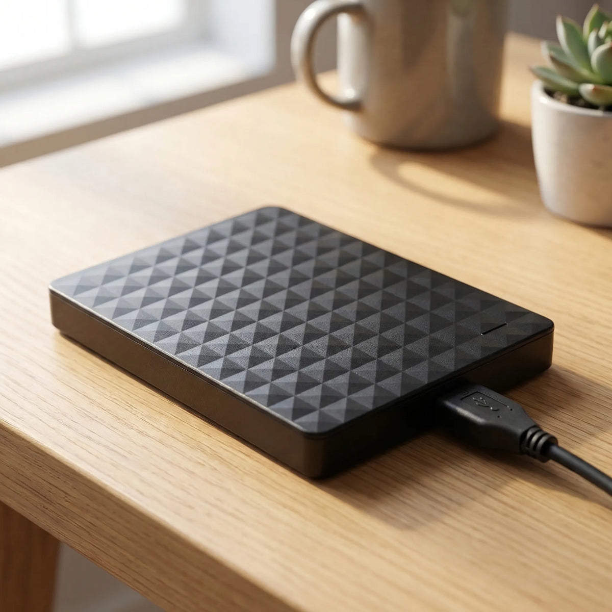 Black portable external hard drive with geometric textured top and USB cable