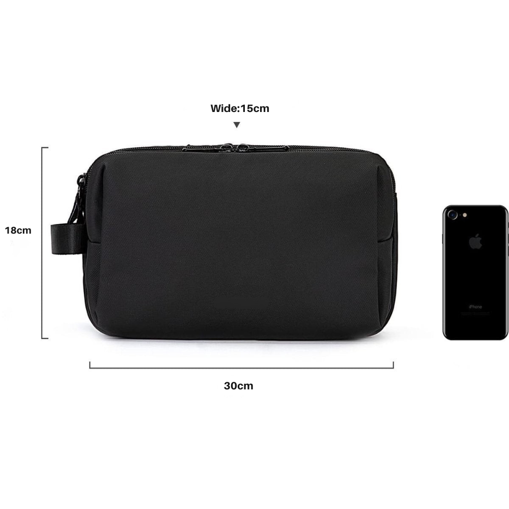 Black toiletry bag with double zippers, mesh pockets and organised interior