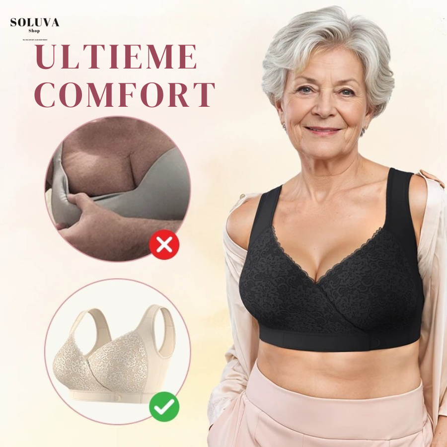Front-closure bra with floral lace cups and shoulder straps