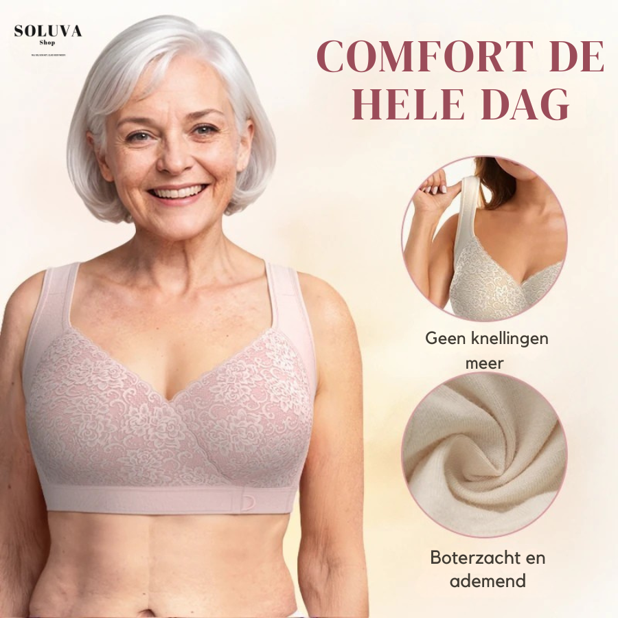 Front-closure bra with floral lace cups and shoulder straps
