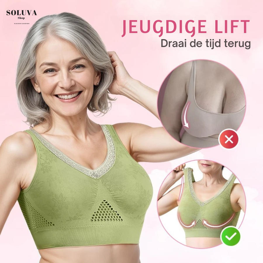 Women's lift bra with floral front, V-neckline and wide shoulder straps