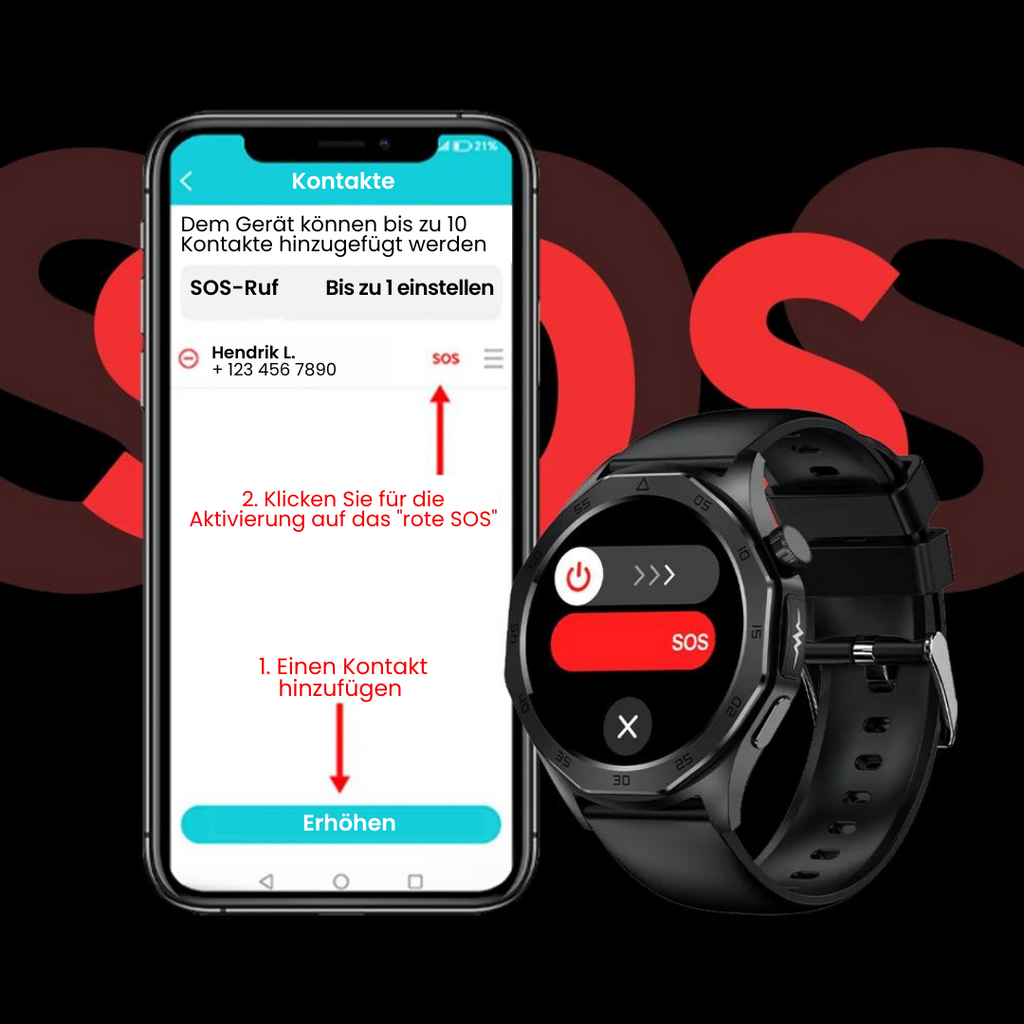 Black health monitoring smartwatch with round digital display and SOS function