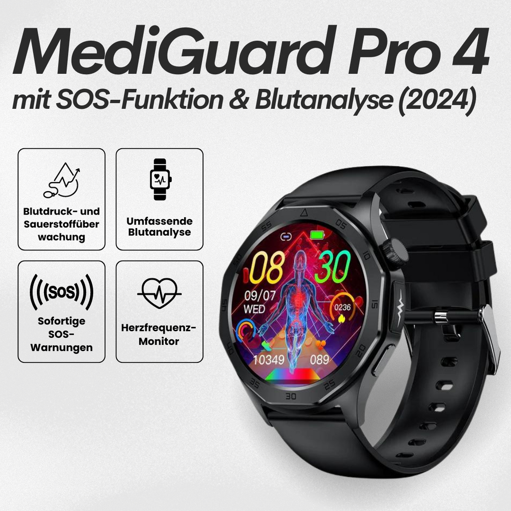 Black health monitoring smartwatch with round digital display and SOS function