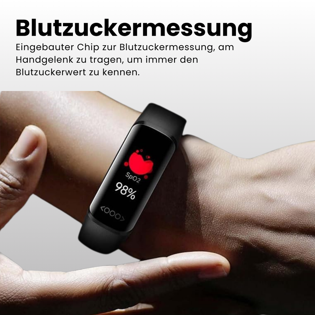 Wrist-worn health monitoring smartwatch with digital display and buckle strap