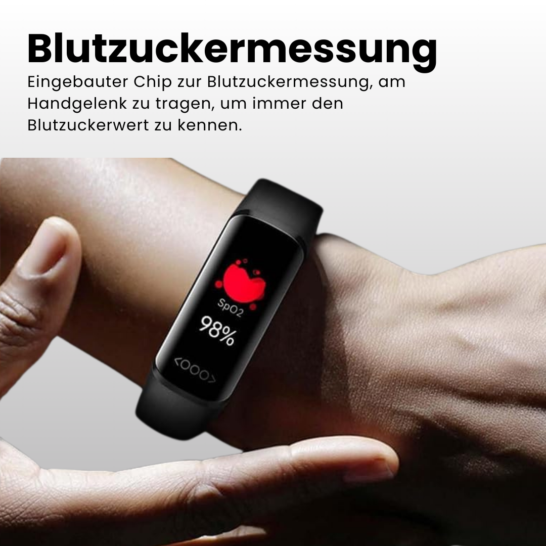 Wrist-worn health monitoring smartwatch with digital display and buckle strap