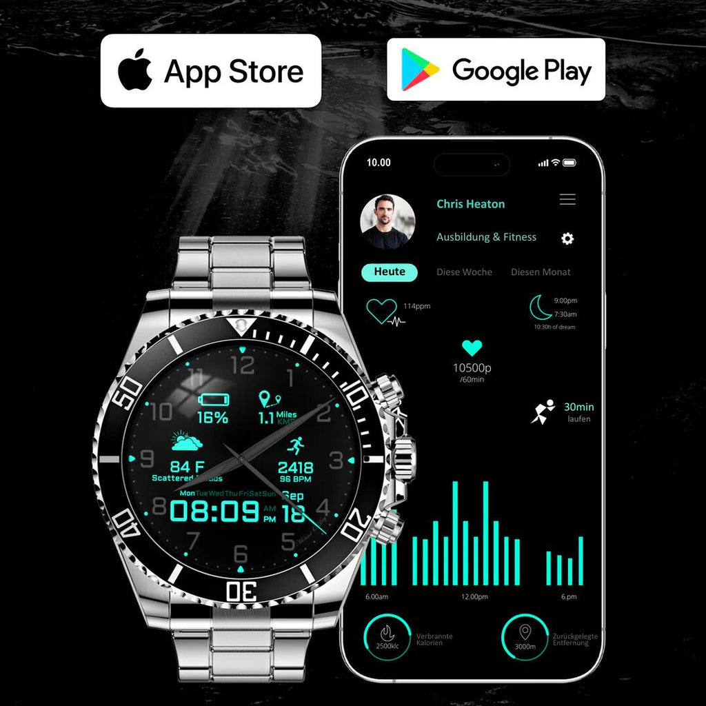 Smartwatch with a metal link bracelet and chronograph-style dial