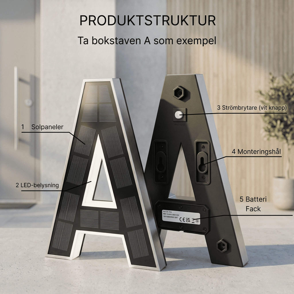 Black solar-powered illuminated house letter lamp with warm white outline