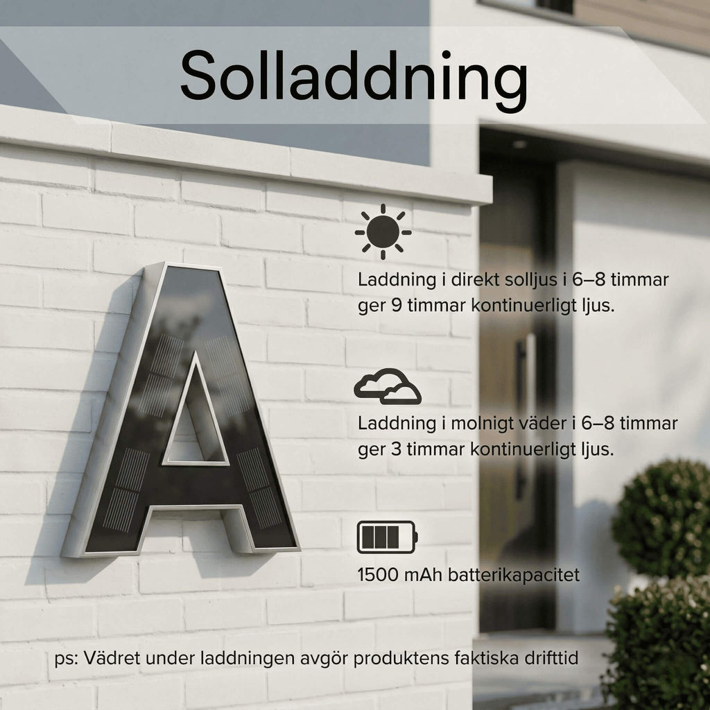 Black solar-powered illuminated house letter lamp with warm white outline