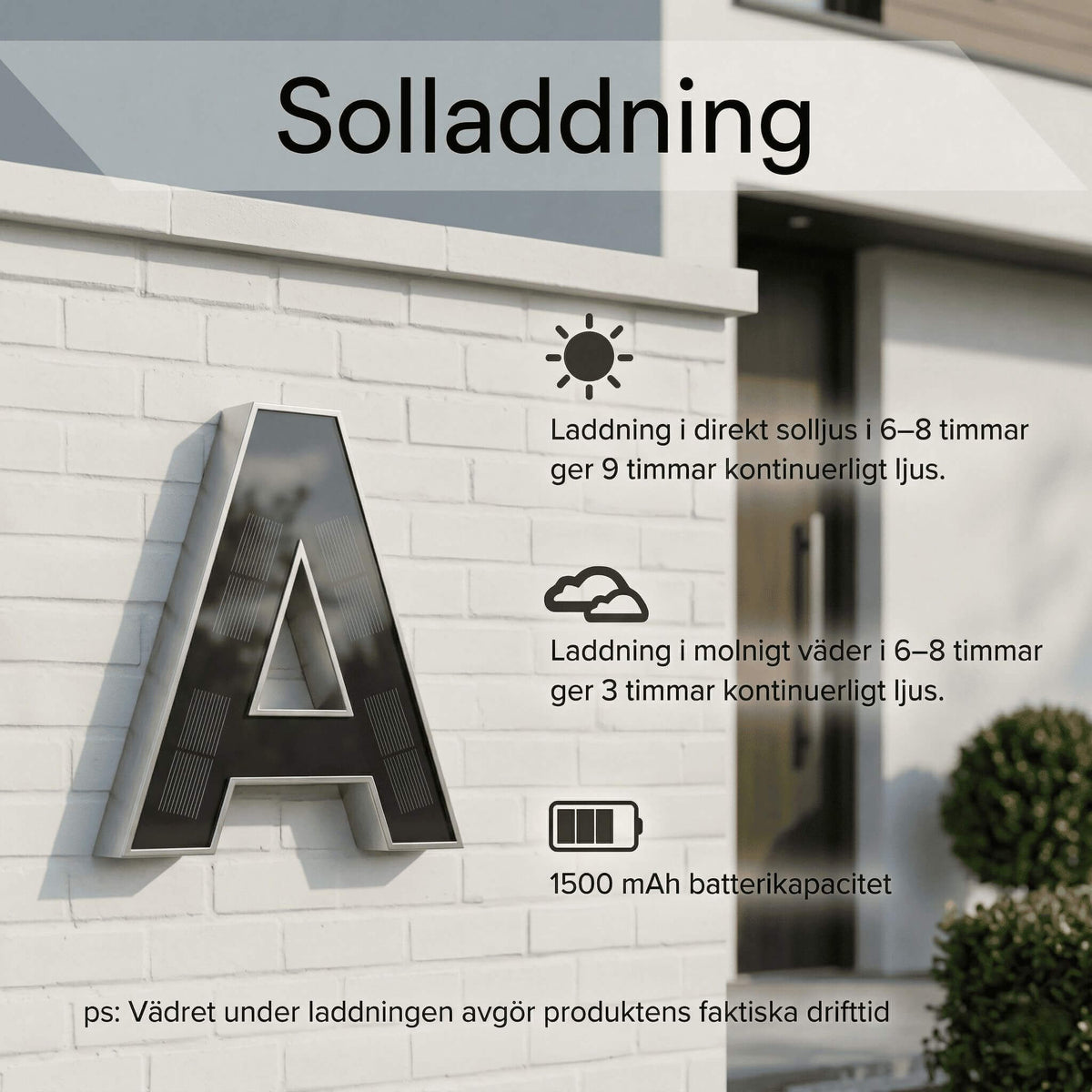 Black solar-powered illuminated house letter lamp with warm white outline
