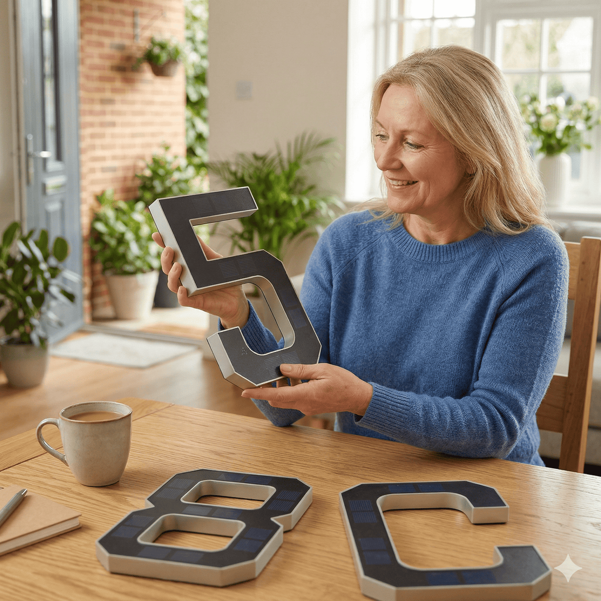 Black solar-powered illuminated house letter lamp with warm white outline
