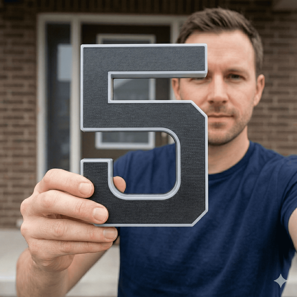 Black solar-powered illuminated house letter lamp with warm white outline