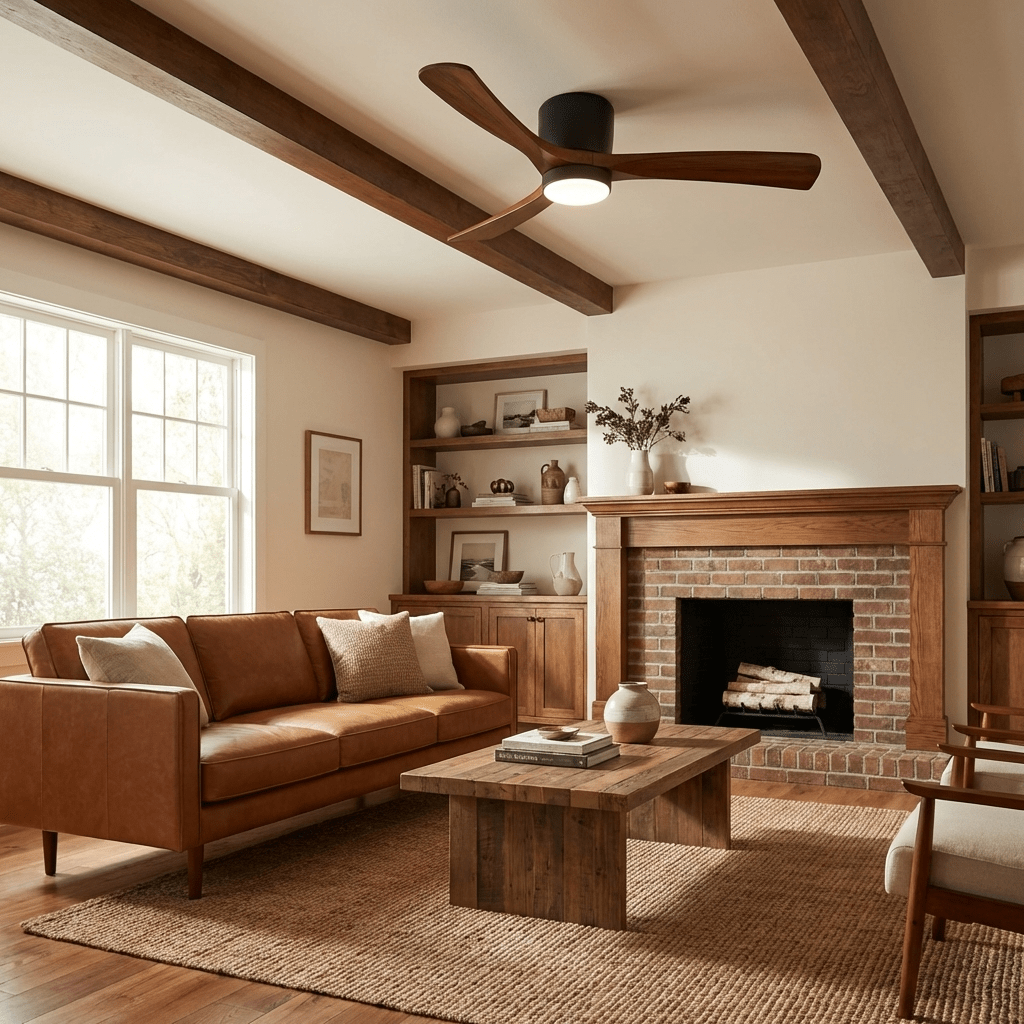 Ceiling fan light with three wood-effect blades and remote control