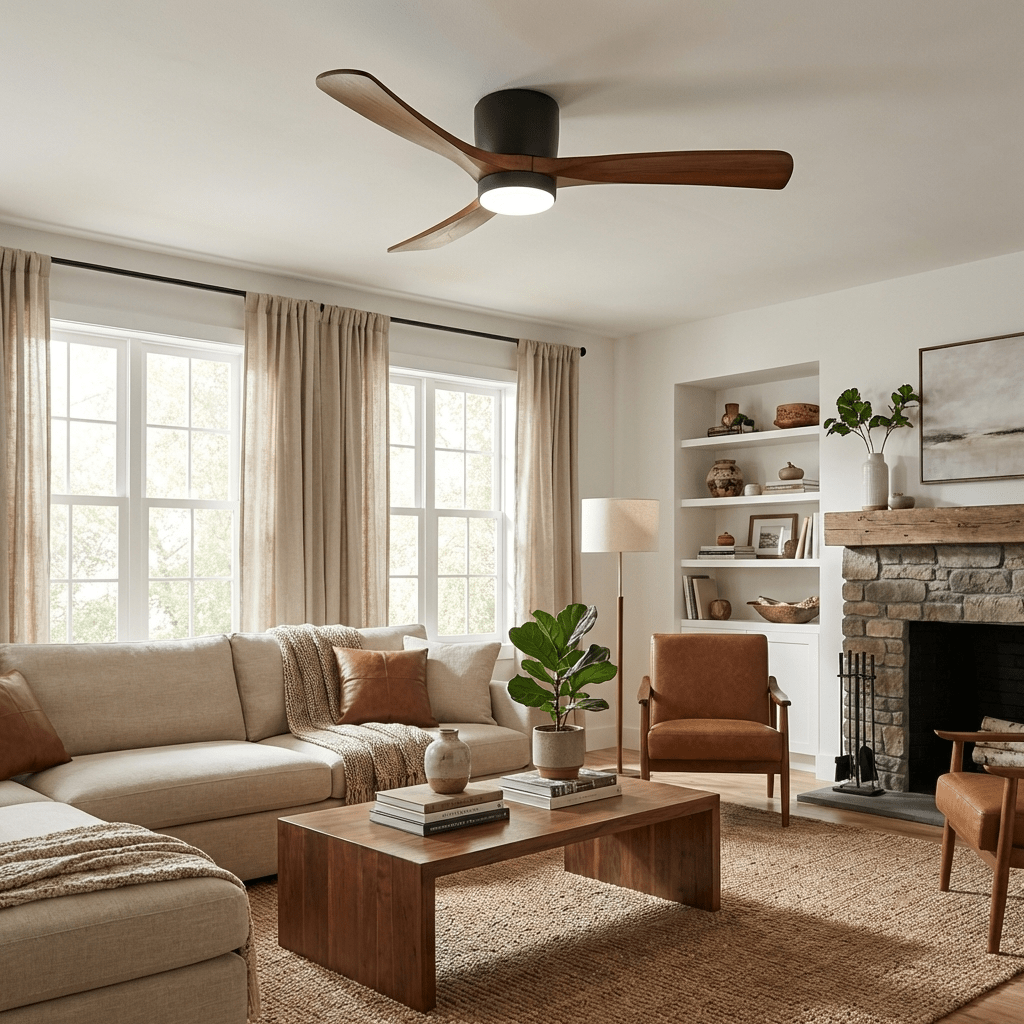 Ceiling fan light with three wood-effect blades and remote control