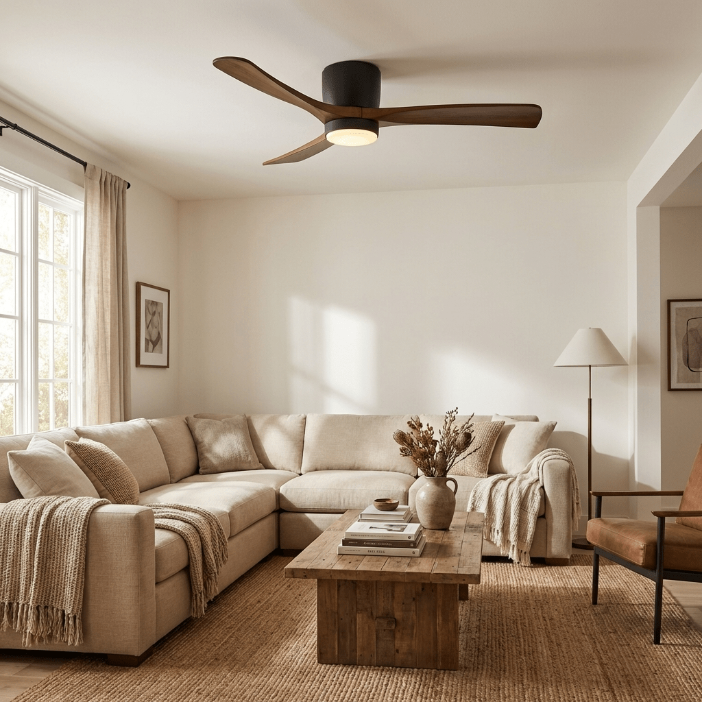 Ceiling fan light with three wood-effect blades and remote control