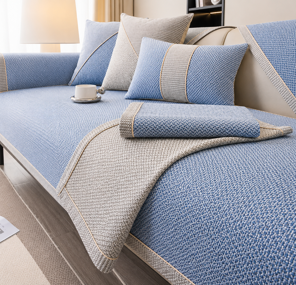Textured non-slip sofa cover with piped edging on living room seating