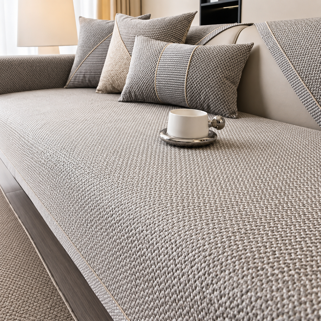Textured non-slip sofa cover with piped edging on living room seating