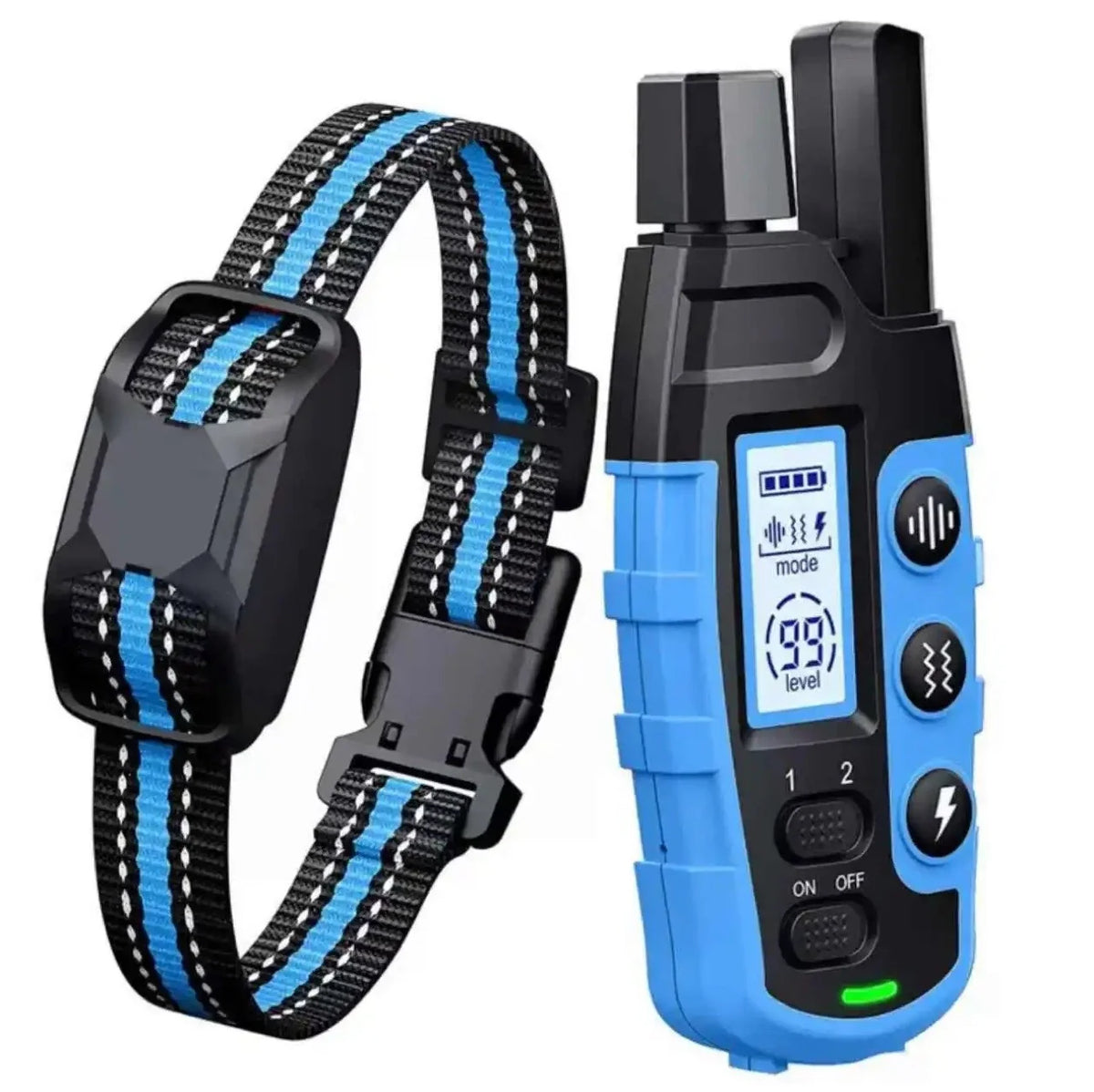 Blue striped dog training collar with remote control