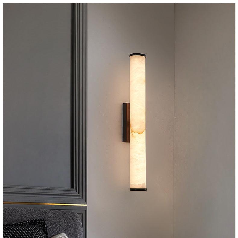 Cylindrical LED marble-patterned wall sconce with metal end caps