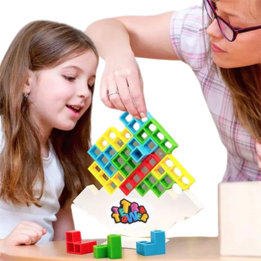 Colourful Tetris-style blocks arranged on a white balancing stand