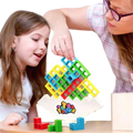 Colourful Tetris-style blocks arranged on a white balancing stand
