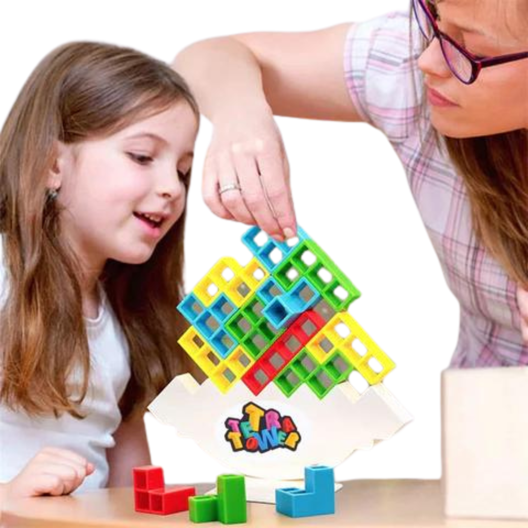 Colourful Tetris-style blocks arranged on a white balancing stand