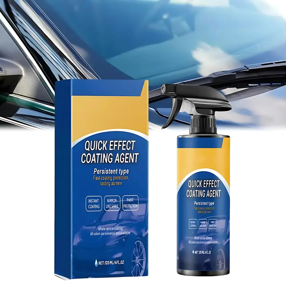 Blue and yellow car coating spray bottle with product box