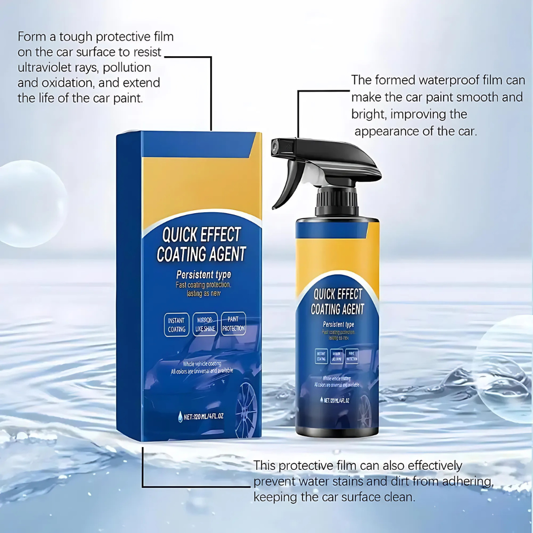 Blue and yellow car coating spray bottle with product box