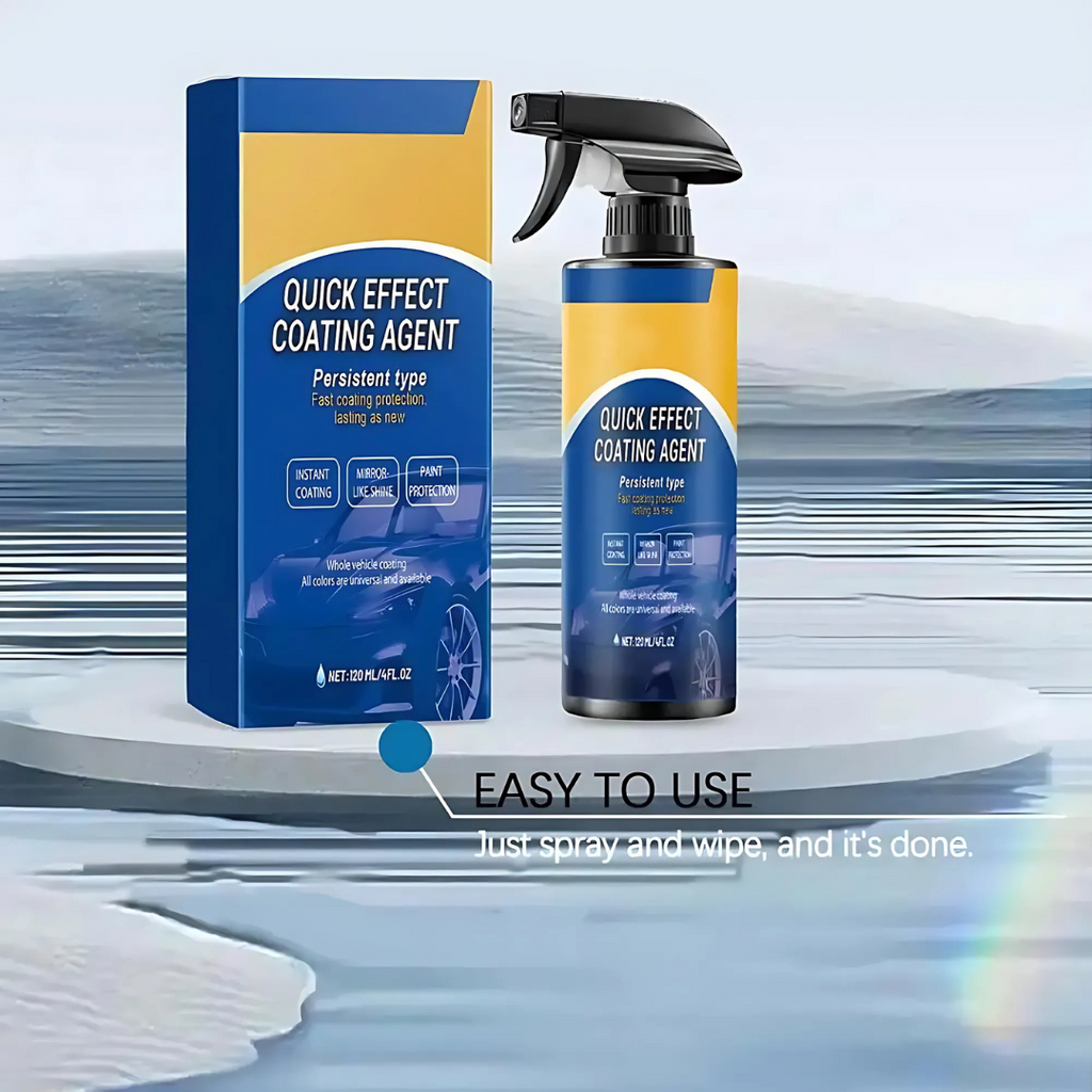 Blue and yellow car coating spray bottle with product box