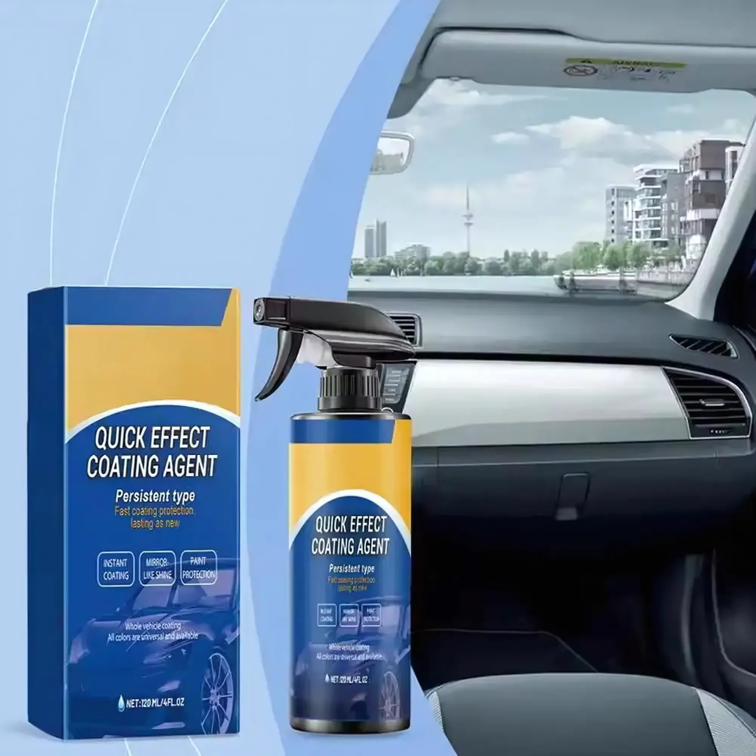 Blue and yellow car coating spray bottle with product box