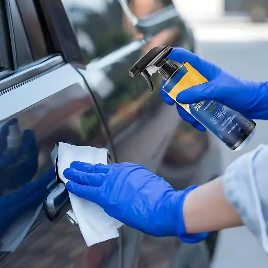 Blue and yellow car coating spray bottle with product box