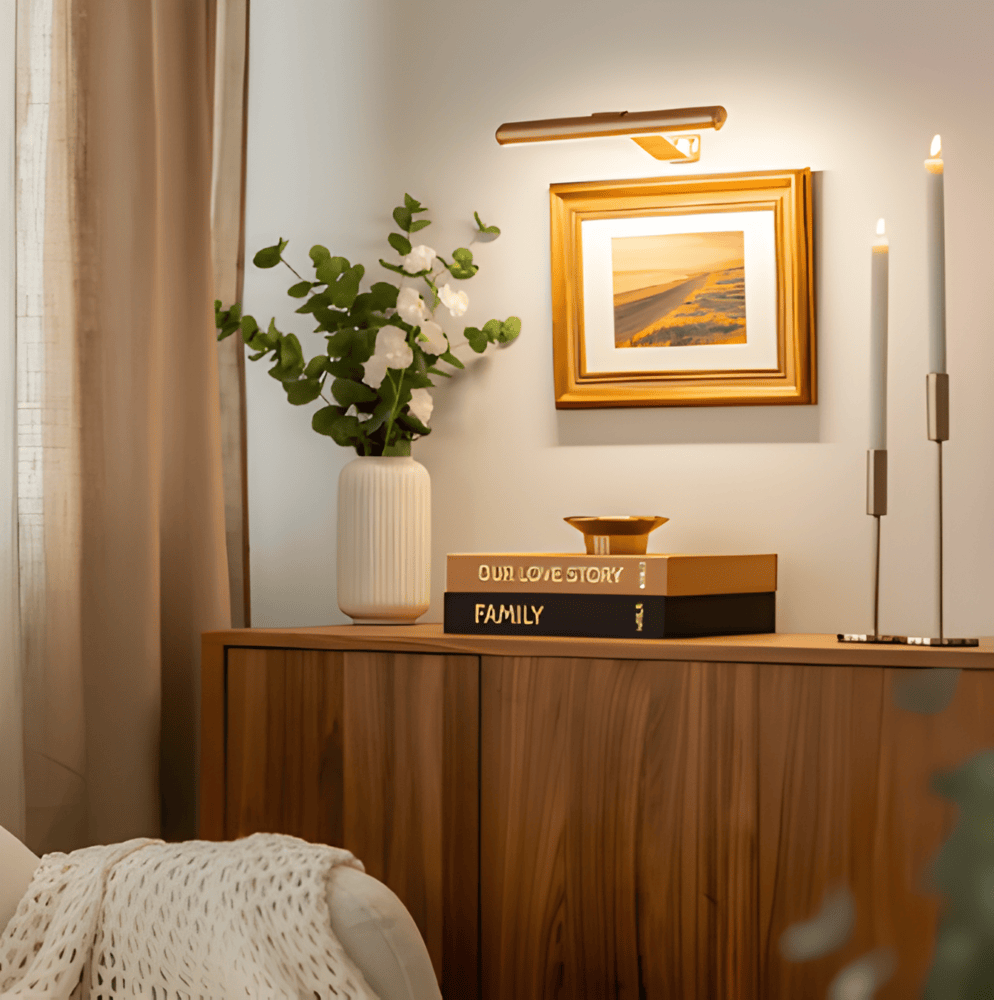 Cordless rotatable LED picture light mounted above framed artwork