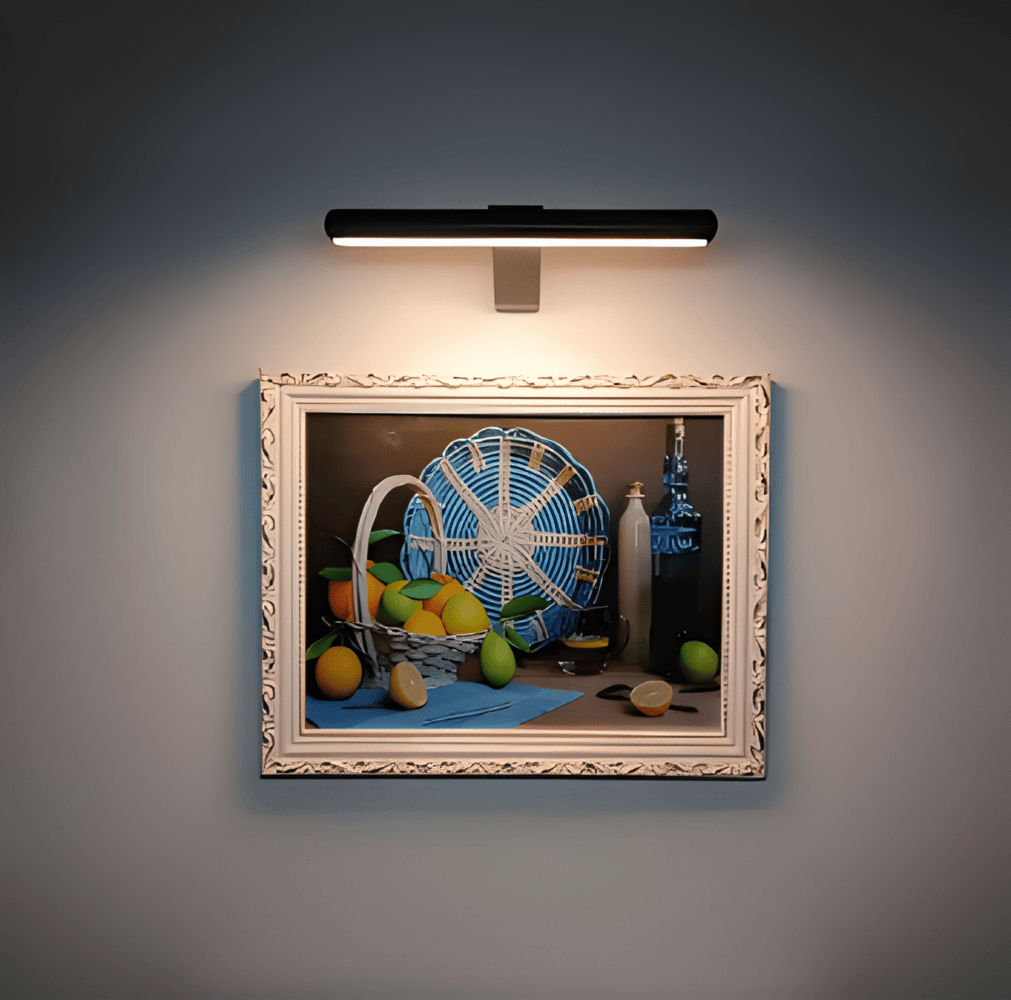 Cordless rotatable LED picture light mounted above framed artwork