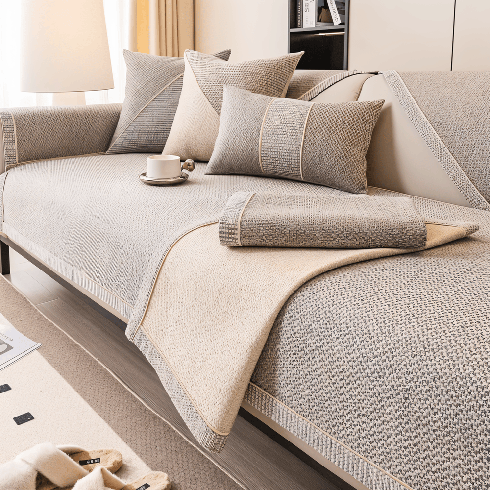 Textured non-slip sofa cover with piped edging on living room seating