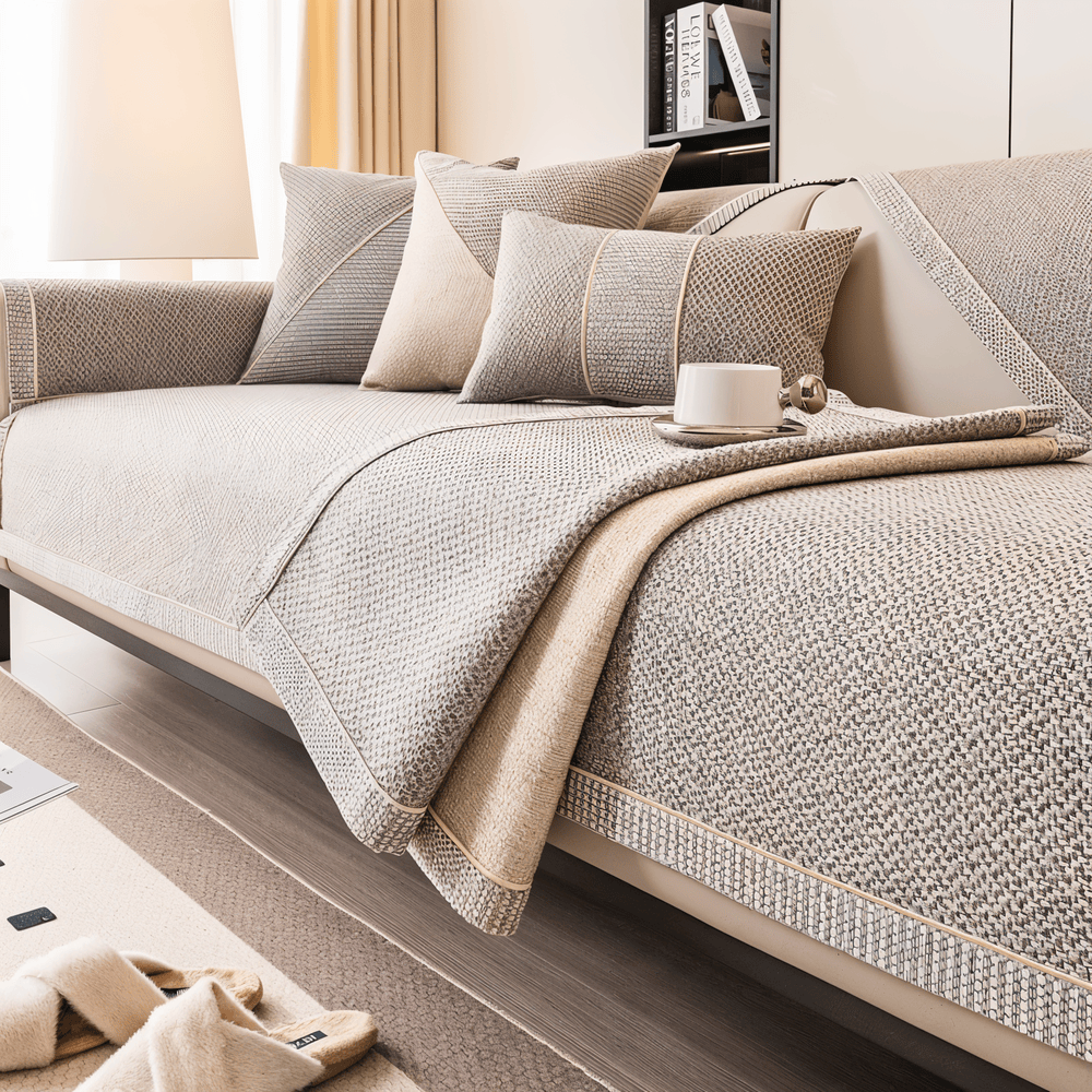 Textured non-slip sofa cover with piped edging on living room seating