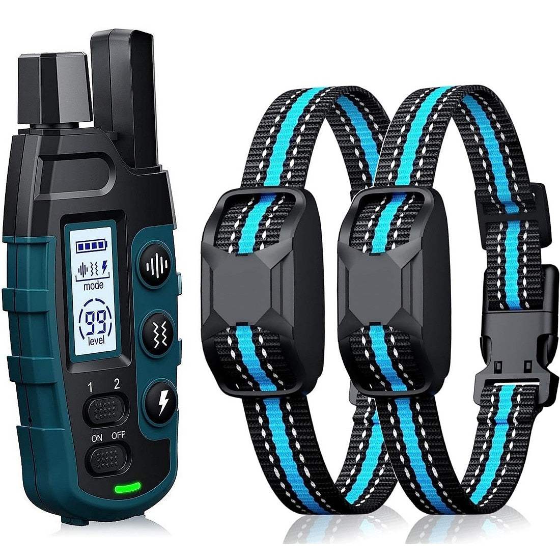 Blue striped dog training collar with remote control