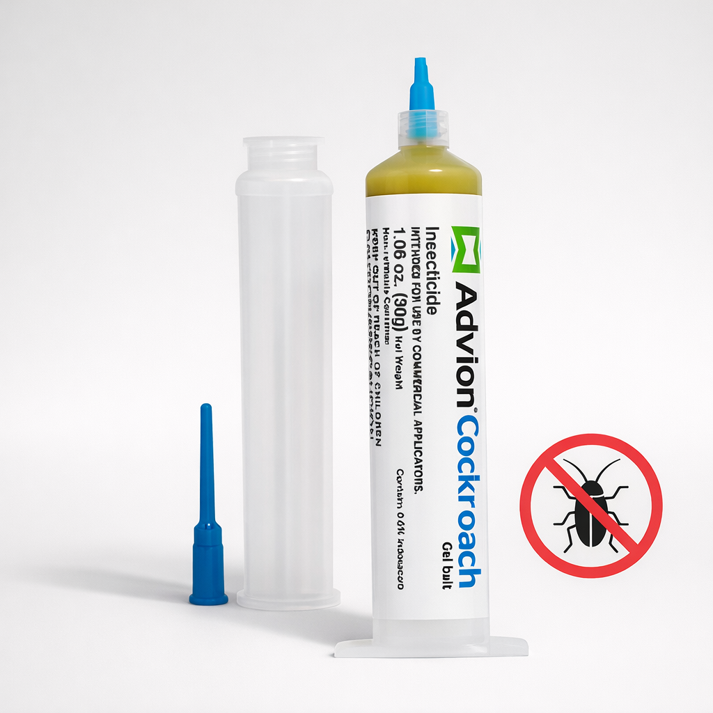 White cockroach control gel bait syringe with blue precision nozzle