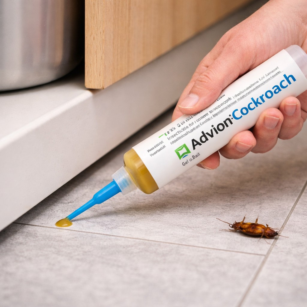 White cockroach control gel bait syringe with blue precision nozzle