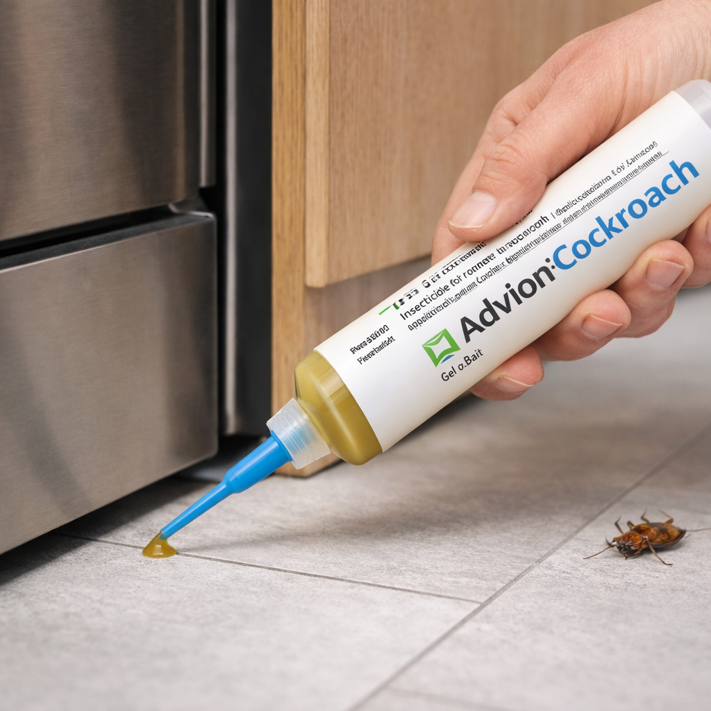 White cockroach control gel bait syringe with blue precision nozzle