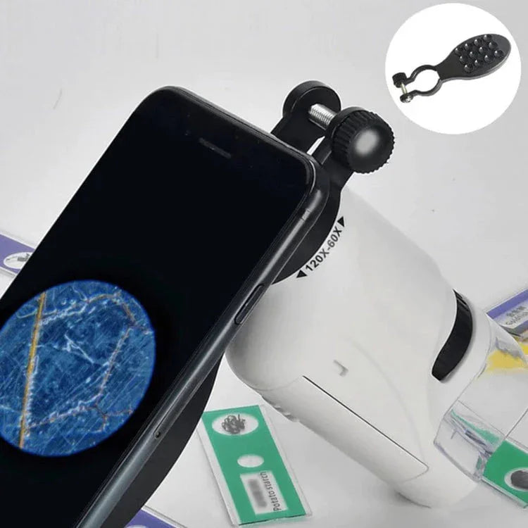 White handheld pocket microscope with clear viewing chamber