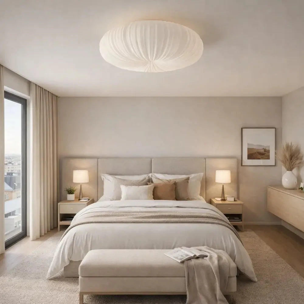 White sculpted flush ceiling light with a pleated rounded shade