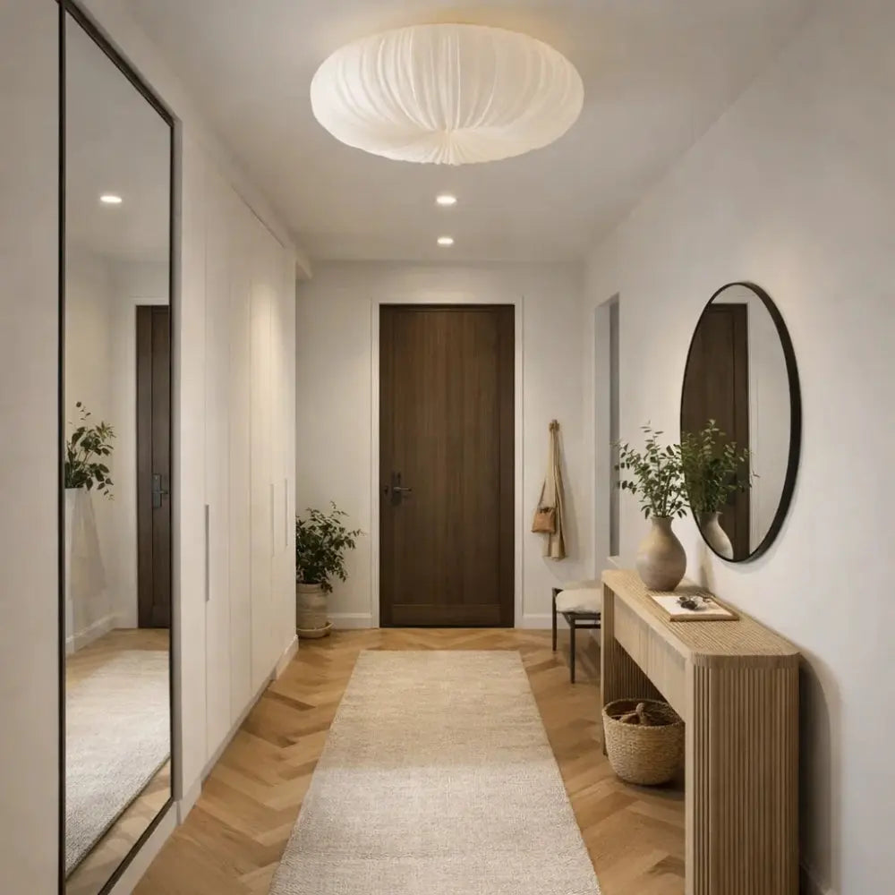 White sculpted flush ceiling light with a pleated rounded shade