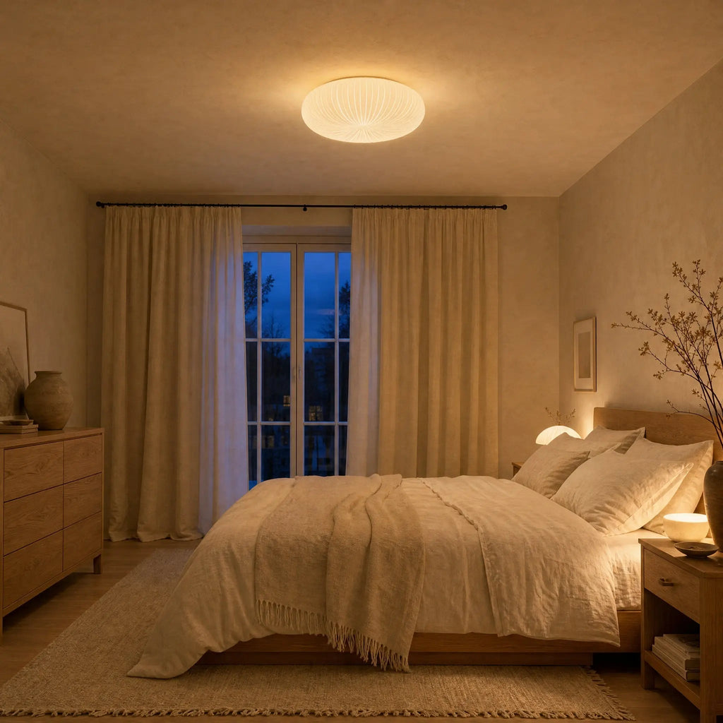 White sculpted flush ceiling light with a pleated rounded shade