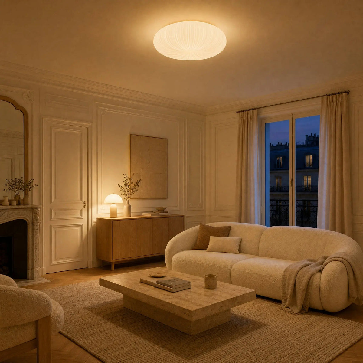 White sculpted flush ceiling light with a pleated rounded shade