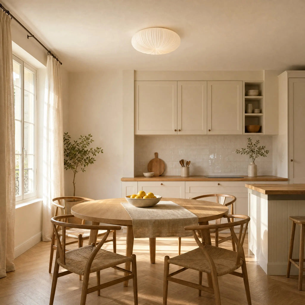 White sculpted flush ceiling light with a pleated rounded shade