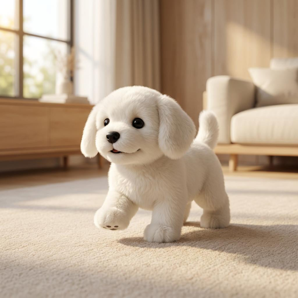 Interactive dog plush toy with soft fur, floppy ears and curled tail