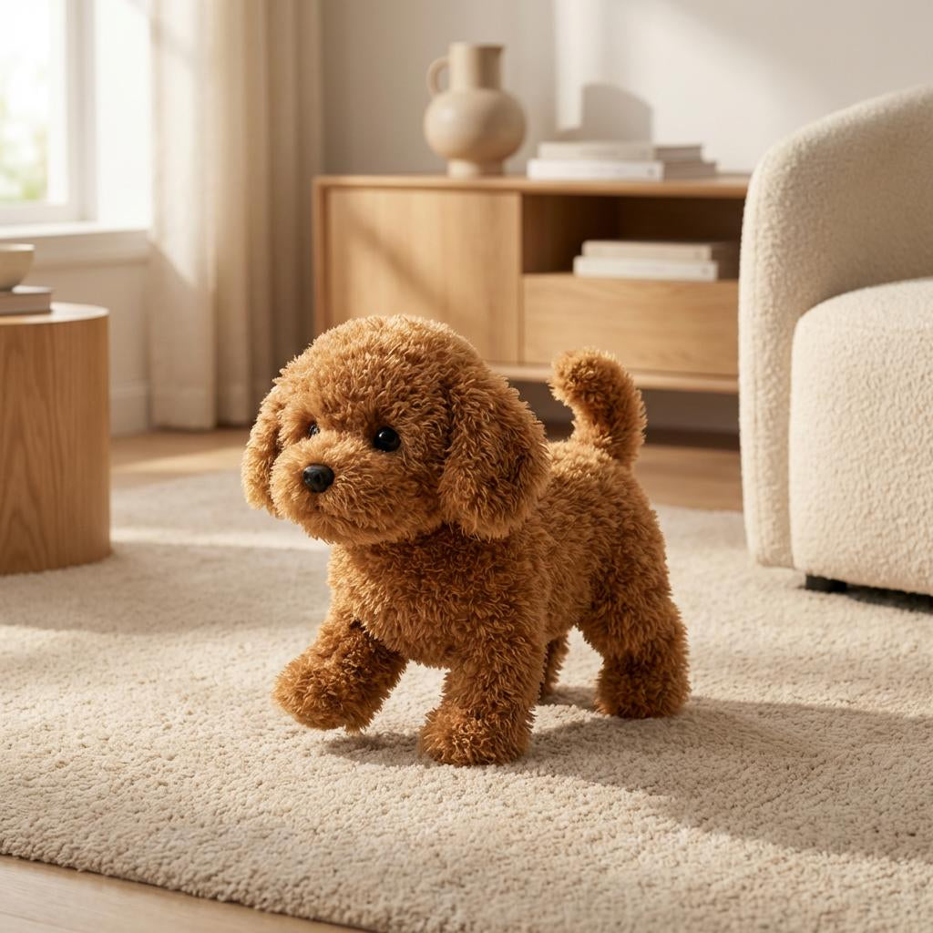 Interactive dog plush toy with soft fur, floppy ears and curled tail