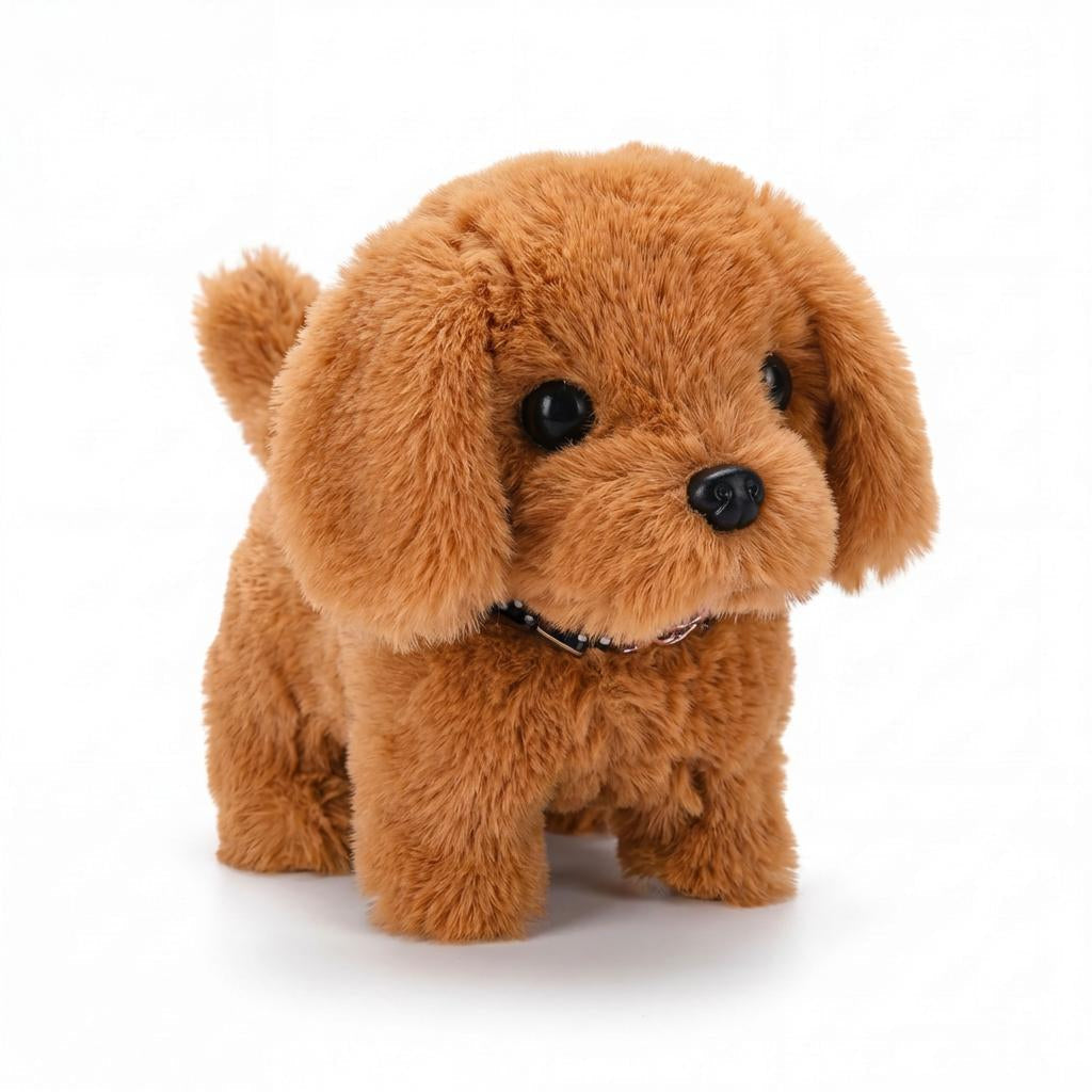 Interactive dog plush toy with soft fur, floppy ears and curled tail